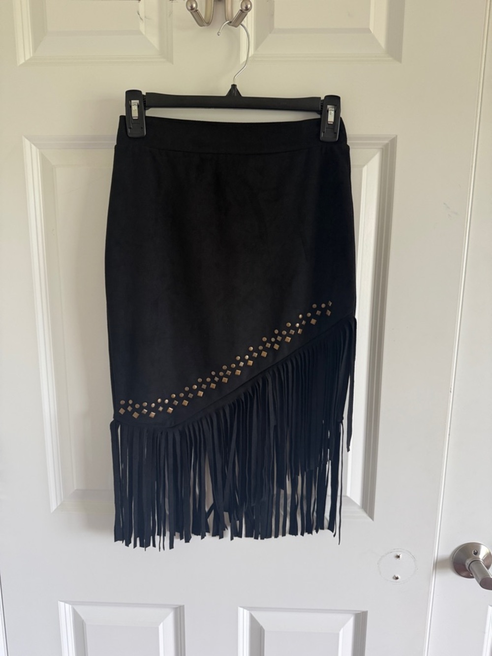 NWT Vocal Black Fringe Faux Suede Pencil Skirt with Stud Detail - Picture 2 of 9